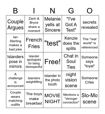 Love Island Season 8 Bingo Card