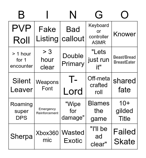 Destiny 2 Lfg Bingo Card