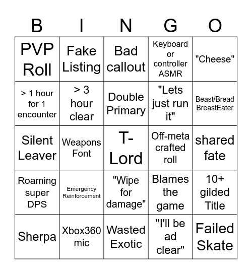 Destiny 2 Lfg Bingo Card