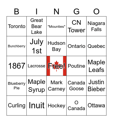 Yom Canada Bingo Card