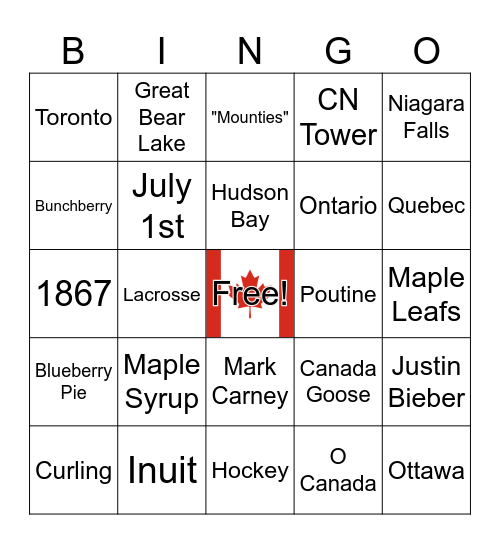 Yom Canada Bingo Card