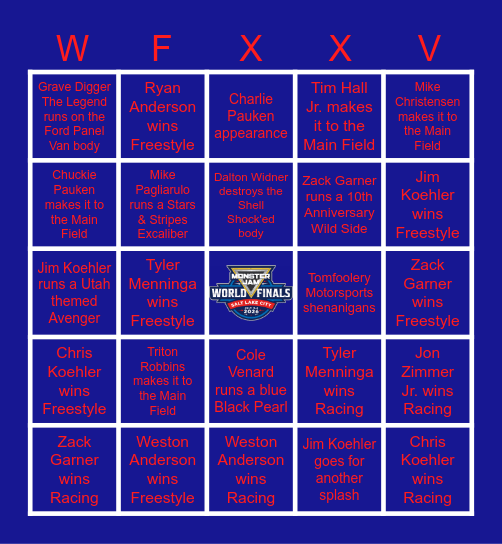 Monster Jam World Finals 25 Bingo Card Bingo Card