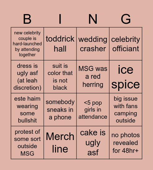 taylor swif wedding bing ting Bingo Card