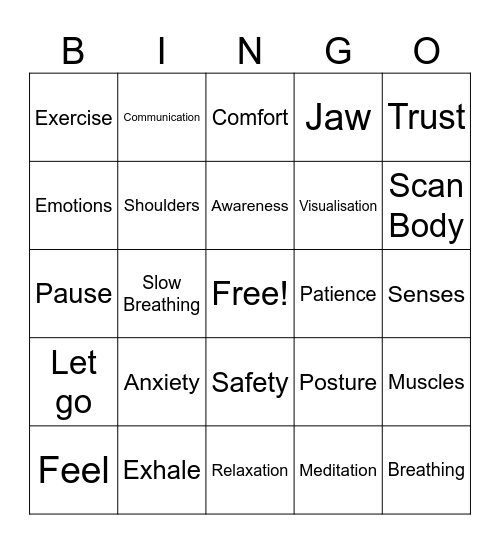 Relaxation Bingo Card