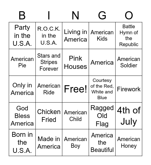 Music and Fireworks Bingo Card