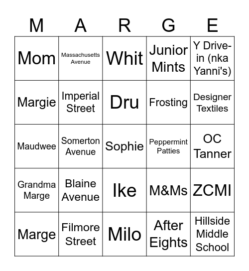 Marge's Birthday! Bingo Card