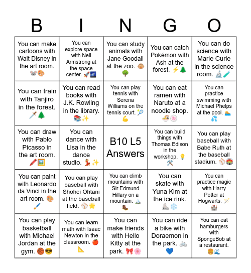 B10 L5 (easier) You can train with Tanjiro in the forest. 🗡️🌲 Bingo Card