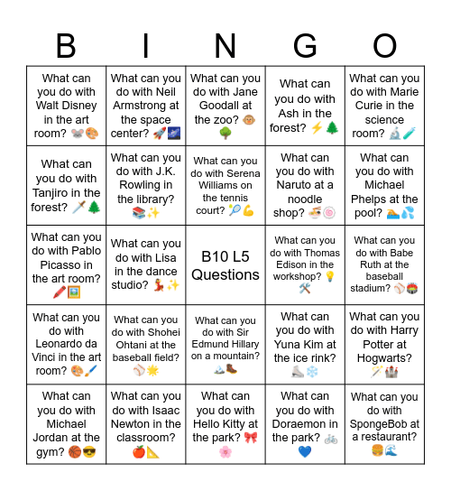 B10 L5 (easier) What can you do with Tanjiro in the forest? 🗡️🌲 Bingo Card