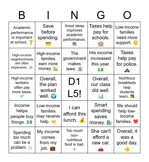 D1 L5 Nutritious, non-nutritious, overall, taxes, income,high-income, low-income, spending, afford, government, academic performance Bingo Card