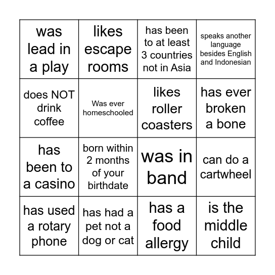 SUMATRA Get to Know You Bingo Card