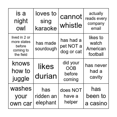 SUMATRA Get to Know You Bingo Card