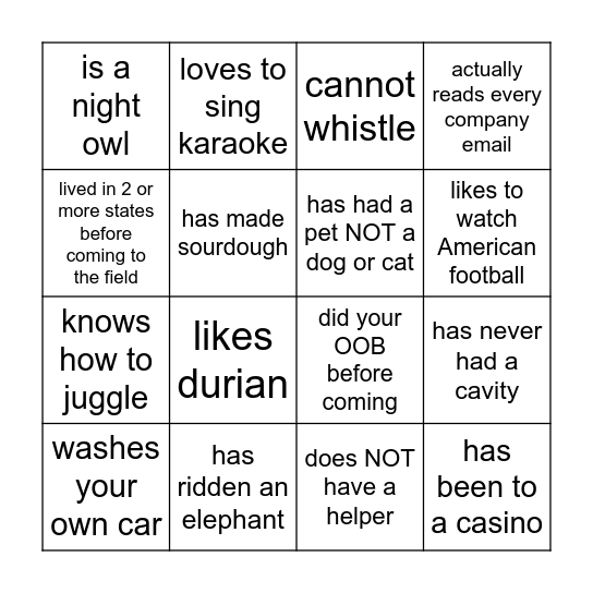 SUMATRA Get to Know You Bingo Card