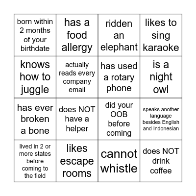 SUMATRA Get to Know You Bingo Card