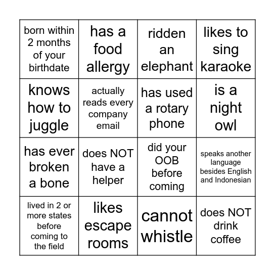 SUMATRA Get to Know You Bingo Card