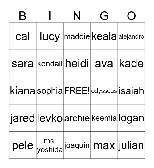 Room 6 Bingo Card