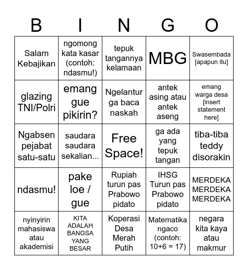 Bingo Pidato Prabowo Bingo Card