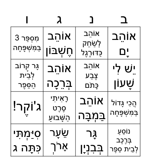 בִּינְגּוֹ הֶכֵּרוּת Bingo Card