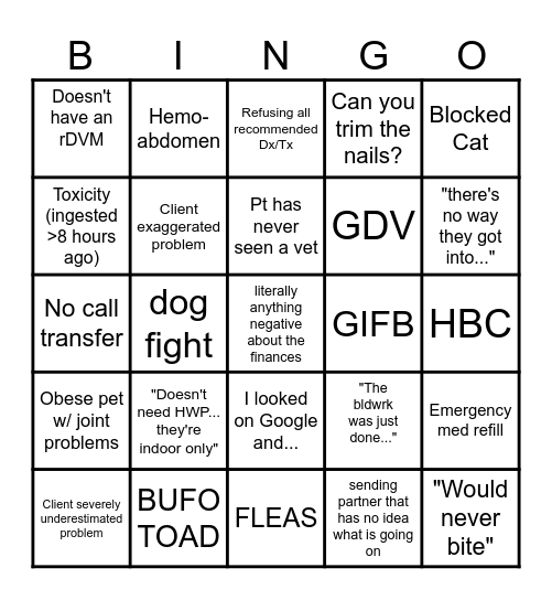 ER Vet Tech Bingo Card
