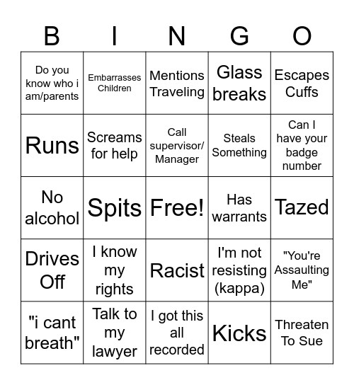 Entitled Person Cardo Bingo Card