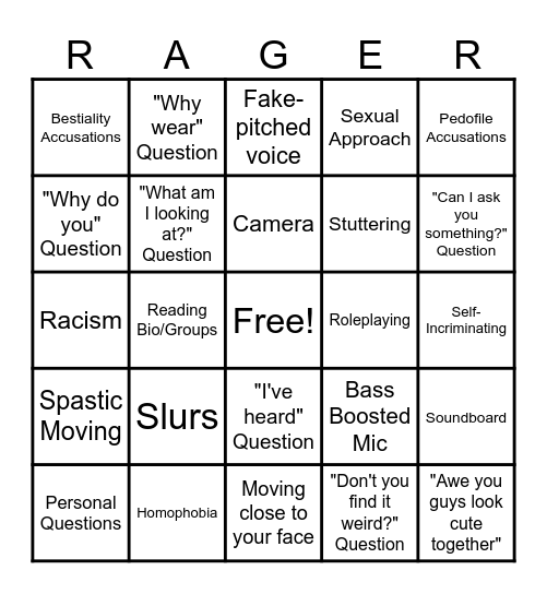 Copy And Paste VRChat Ragebaiter Bingo Card