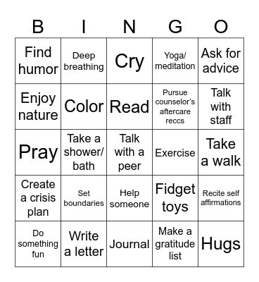 Coping Skills Bingo Card