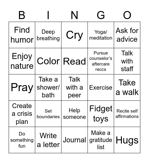 Coping Skills Bingo Card