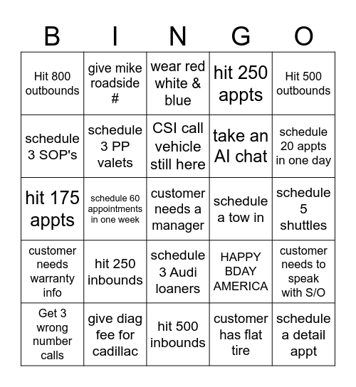 JULY Bingo Card