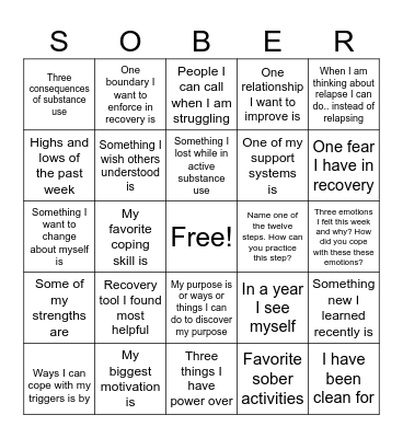 Recovery Bingo Card