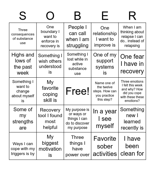 Recovery Bingo Card