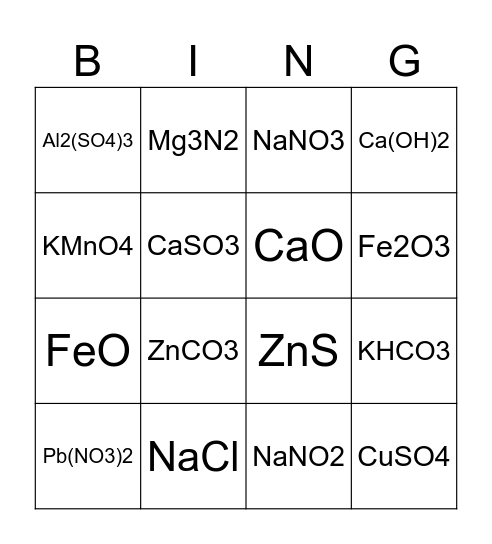 Chemical Formula Bingo Card