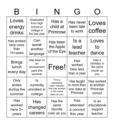 Staff Scavenger Hunt Bingo Card