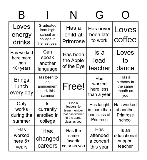 Staff Scavenger Hunt Bingo Card