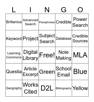 Learning Commons Lingo Bingo Card