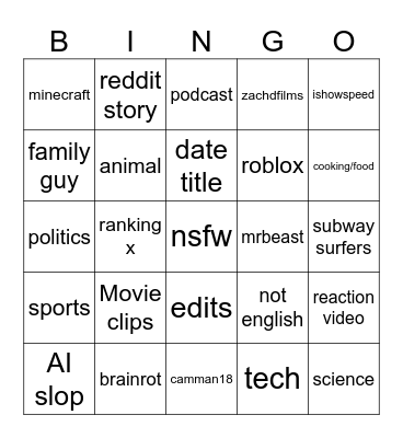 youtube shorts Bingo Card