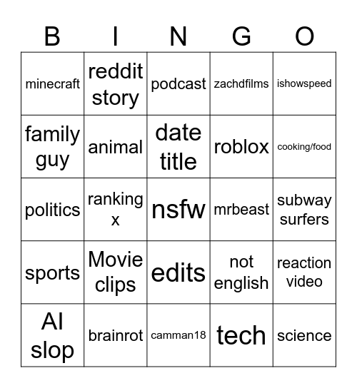 youtube shorts Bingo Card