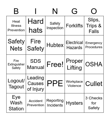 Safety Game Bingo Card