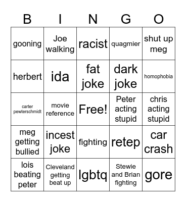 family guy Bingo Card