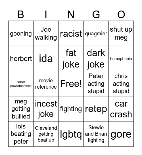 family guy Bingo Card