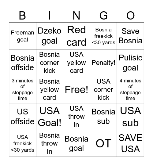 US Soccer Men's World Cup Bingo Card