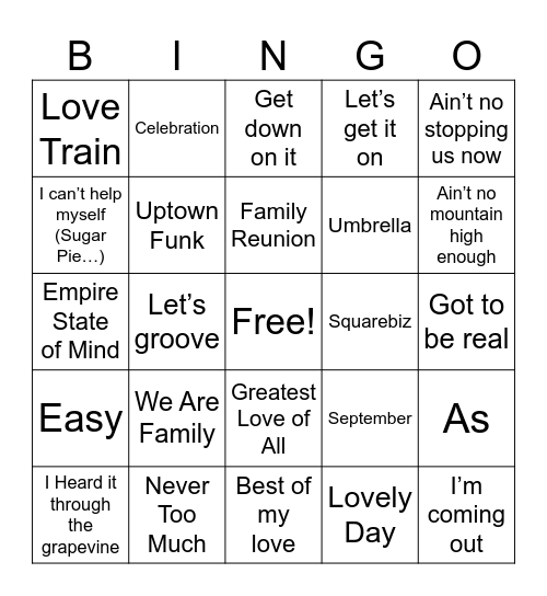Family Music Bingo Card