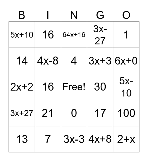 Distributive Property Bingo Card
