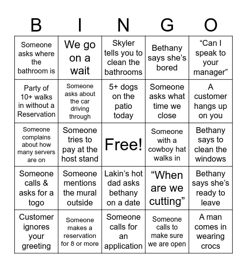 Cazzy’s host Bingo Card