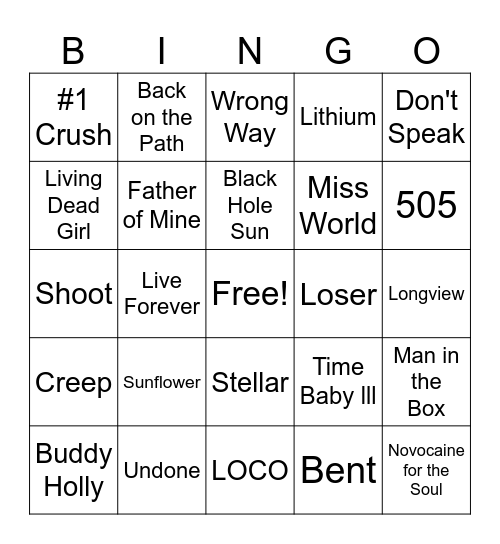 90s Grunge Game 2 Bingo Card