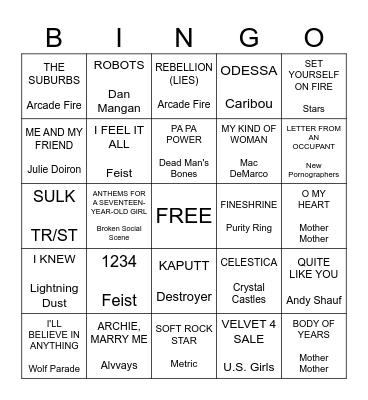 Canadian Indie of a Certain Age Bingo Card