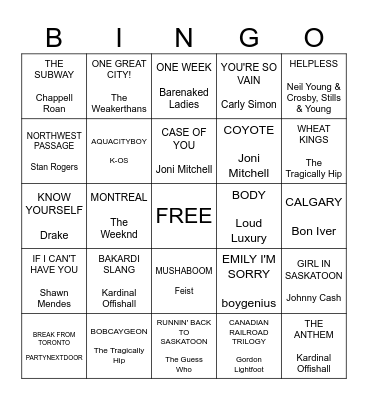 Canadian Places Bingo Card