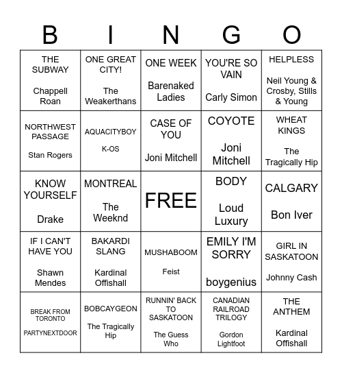Canadian Places Bingo Card