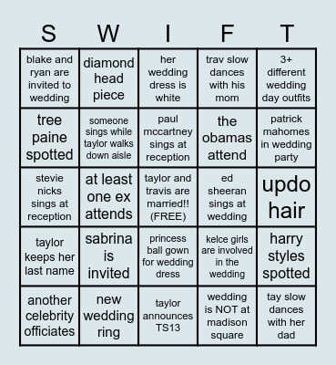 taylor swift's wedding bingo!! Bingo Card
