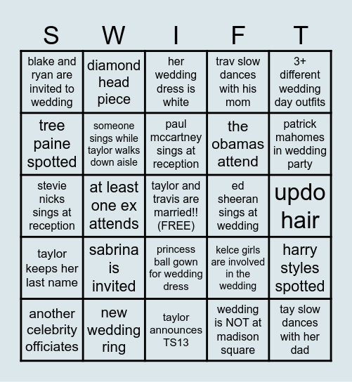 taylor swift's wedding bingo!! Bingo Card
