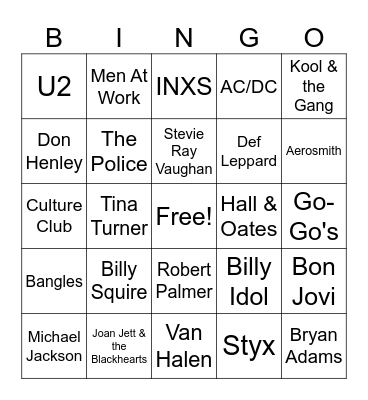 1980s Music Bingo Card