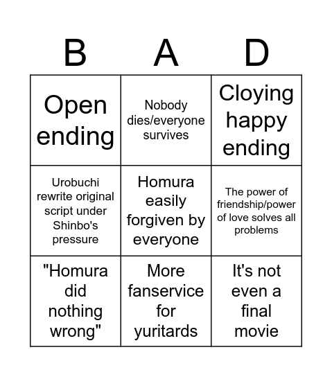Make Madoka movie 4 as shitty as possible Bingo Card